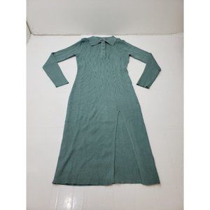 Deep Self Womens Dress Long Sleeve 1/4 Button Collared Stretch Ribbed Green M